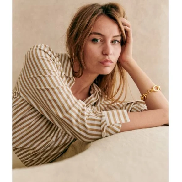 SEZANE Camel Tan & White Ecru Linen Cotton Striped Button Down Tomboy Shirt - Picture 4 of 17